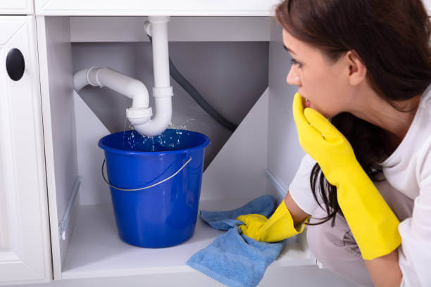 Close-up Of A Young Woman Placing Blue Bucket Under Water Leaking From Sink Pipe