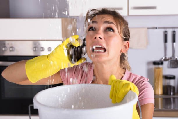 Shocked Woman Calling Plumber While Collecting Water Leaking From Ceiling Using Utensil