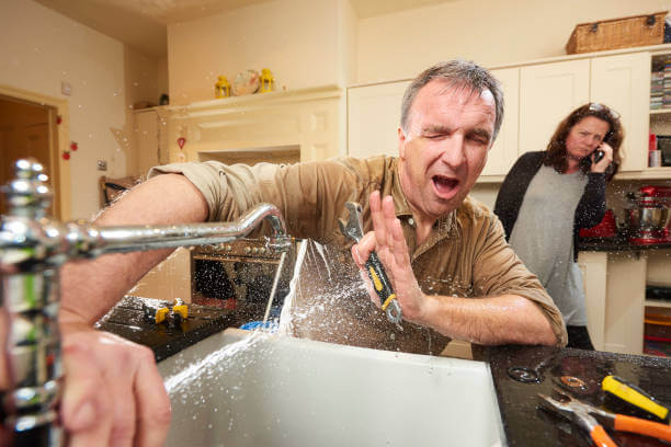 give it a go DIY hero tries his hand at fixing the tap . His wife is already on the phone to an emergency plumber as water gushes from the broken tap